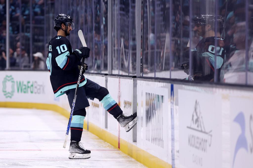 Matty Beniers #10 of the Seattle Kraken heads to the penalty box against the Colorado Avalanche during the second period in Game Six of the First Round of the 2023 Stanley Cup Playoffs at Climate Pledge Arena on April 28, 2023 in Seattle, Washington