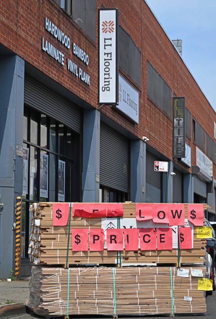 A pile of wood outside a LL Flooring store in Brooklyn on July 9, 2024.