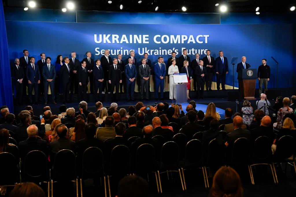 Joe Biden speaks during an event on the Ukraine Compact at the NATO Summit in Washington, Thursday, July 11, 2024.