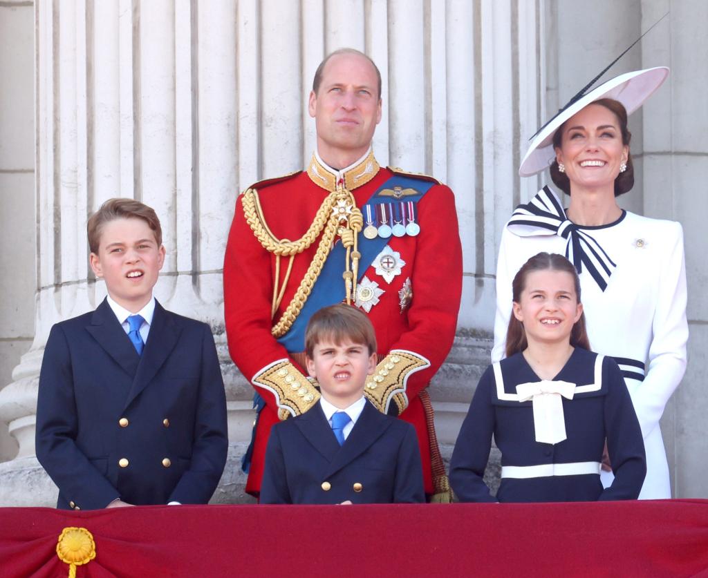 Royal family including Prince William, Prince George, and others, standing on the Buckingham Palace balcony during the Trooping the Colour 2024 ceremony.