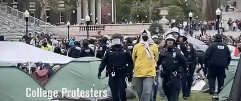 College protesters at Columbia University shown in the ad.