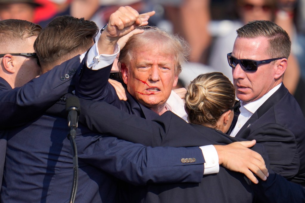 Trump raising his fist to the crowd after getting shot on stage.