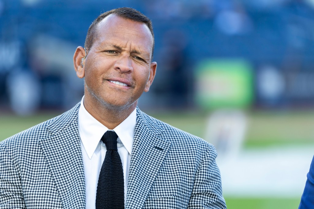 Retired New York Yankee Alex Rodriguez is on the field before a game against the Los Angeles Dodgers at Yankee Stadium Saturday, June 8, 2024.