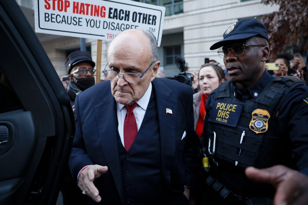 Rudy Giuliani, former personal lawyer for Donald Trump, exiting the E. Barrett Prettyman U.S. District Courthouse after defamation trial verdict