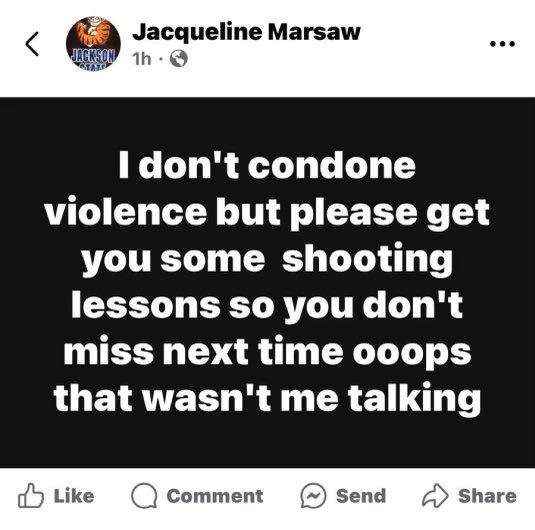 A screenshot shared by Delbert Hosemann calling for the firing of congressional staffer Jacqueline Marsaw shows an alleged post by Warsaw commenting on the shooting of former President Donald Trump