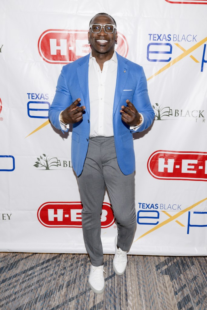Shannon Sharpe in a blue jacket attending the Texas Black Expo Corporate Awards Luncheon at JW Marriott Houston by the Galleria