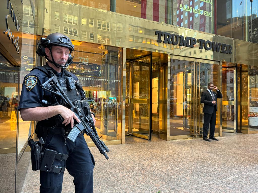 NYPD officers stationed outside Trump Tower in Manhattan.