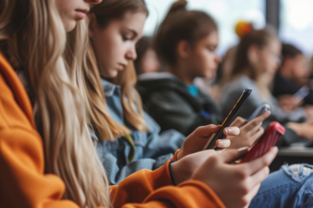 A group of kids with cell phones. 