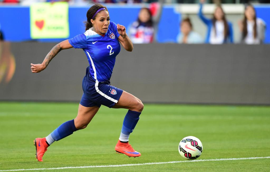 Sydney Leroux in a blue uniform heading for the goal after scoring the opening goal in the US-Mexico pre-World Cup friendly in Carson, California on May 17, 2015