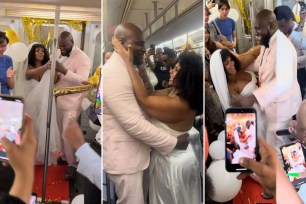 Daniel Jean, 39, and Esmy Valdez, 38, from Flatbush, have $3,000 wedding reception on L train in New York City.