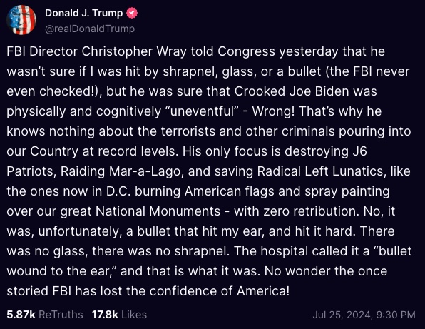 The ex-president maintained that he had been struck by a bullet while standing at the podium during the outdoor rally. 