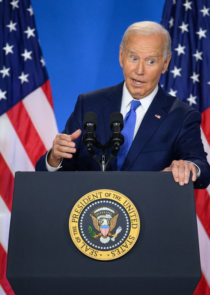 President Joe Biden speaks during a press conference at the close of the 75th NATO Summit at the Walter E. Washington Convention Center in Washington, DC on July 11, 2024. 