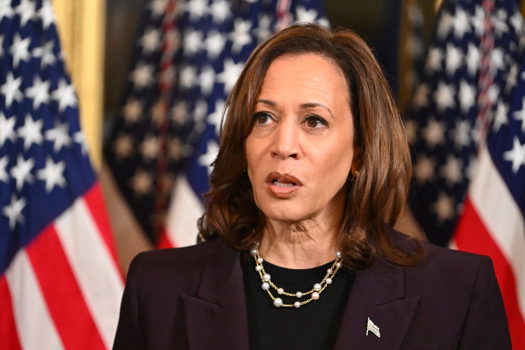 Vice President Kamala Harris speaks to the press after meeting with Israeli Prime Minister Benjamin Netanyahu in the Vice President's ceremonial office at the Eisenhower Executive Office Building in Washington, DC, on July 25, 2024