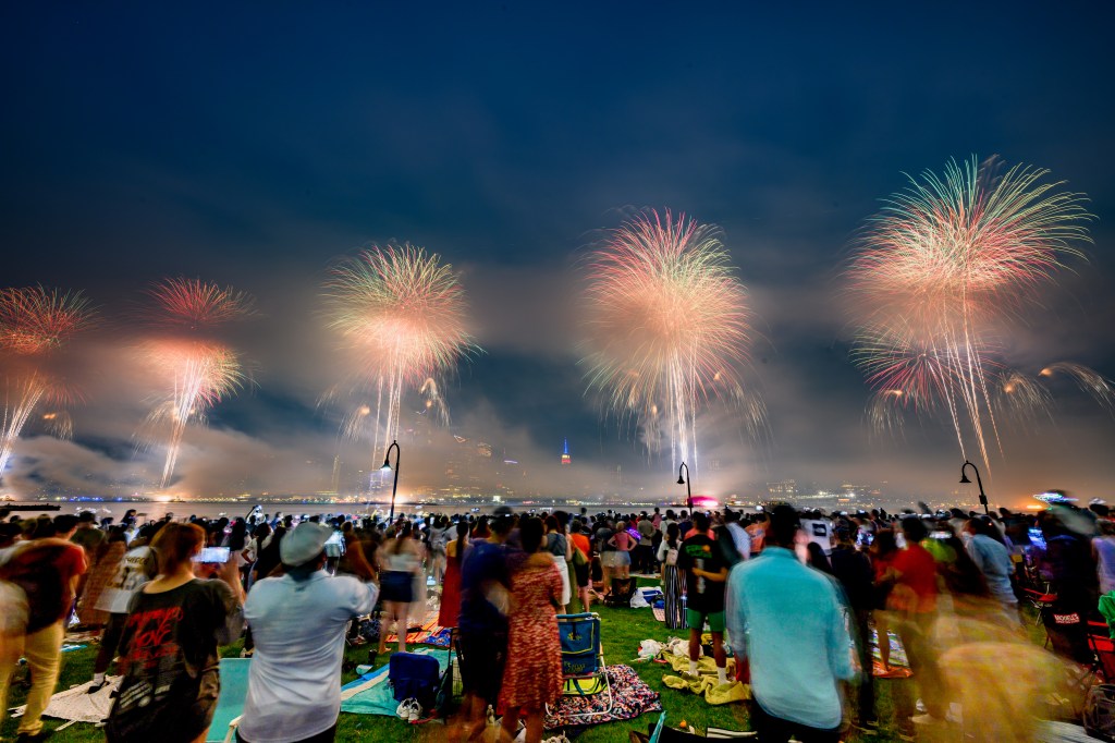 A view of the New York City Macy's fireworks display celebrating the United States 248th independence day on July 04, 2024 in Hoboken, New Jersey. 