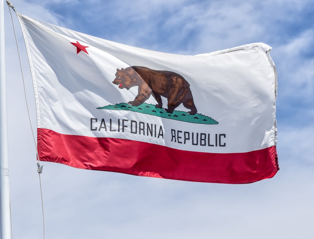 Vintage State Flag of California featuring a bear and a red stripe