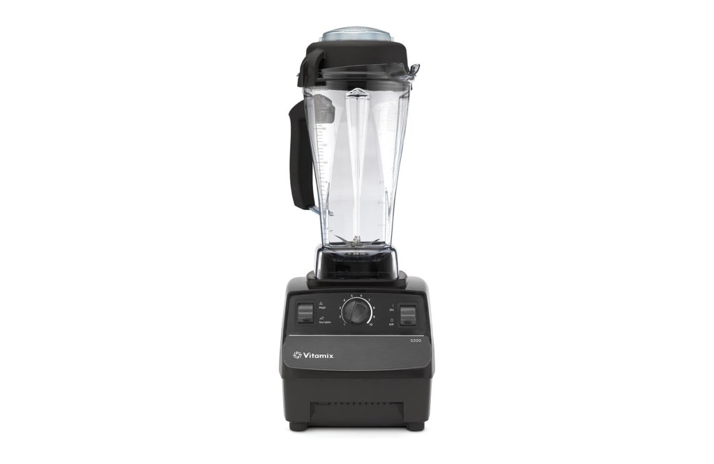 A black blender with a clear container