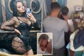 Mirror selfie of Linda De Sousa Abreu in sexy black lace and leather dress, right; inset of her face during alleged sex with inmate, bottom center; at right, her and inmate she allegedly had sex with both seen from behind