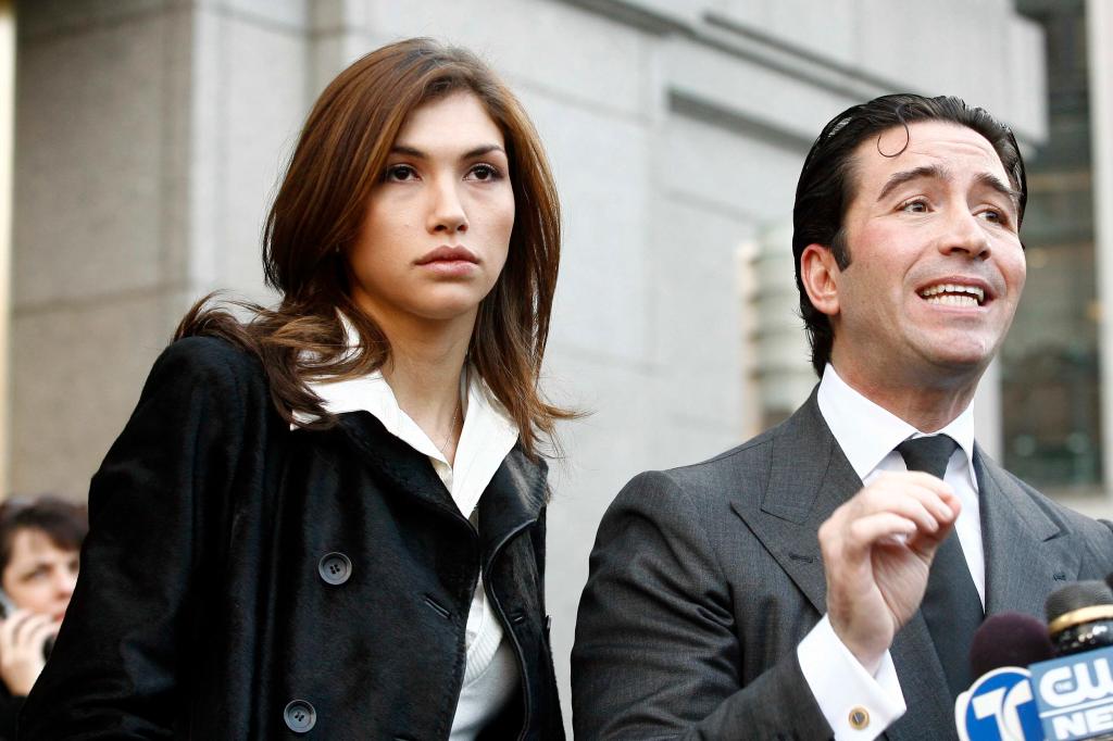 Strazzullo and Milana Dravnel addressing reporters outside a courtroom.