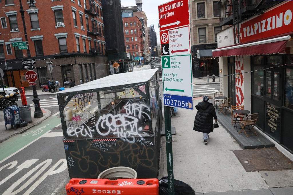 Outdoor dining shed at Trapizzino, 144 Orchard St, in Manhattan. 