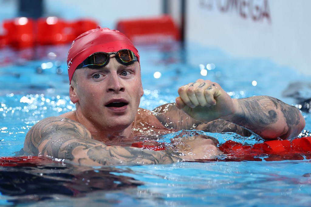 Adam Peaty reacts after competing in the Men's 4x100m Medley Relay Final. 