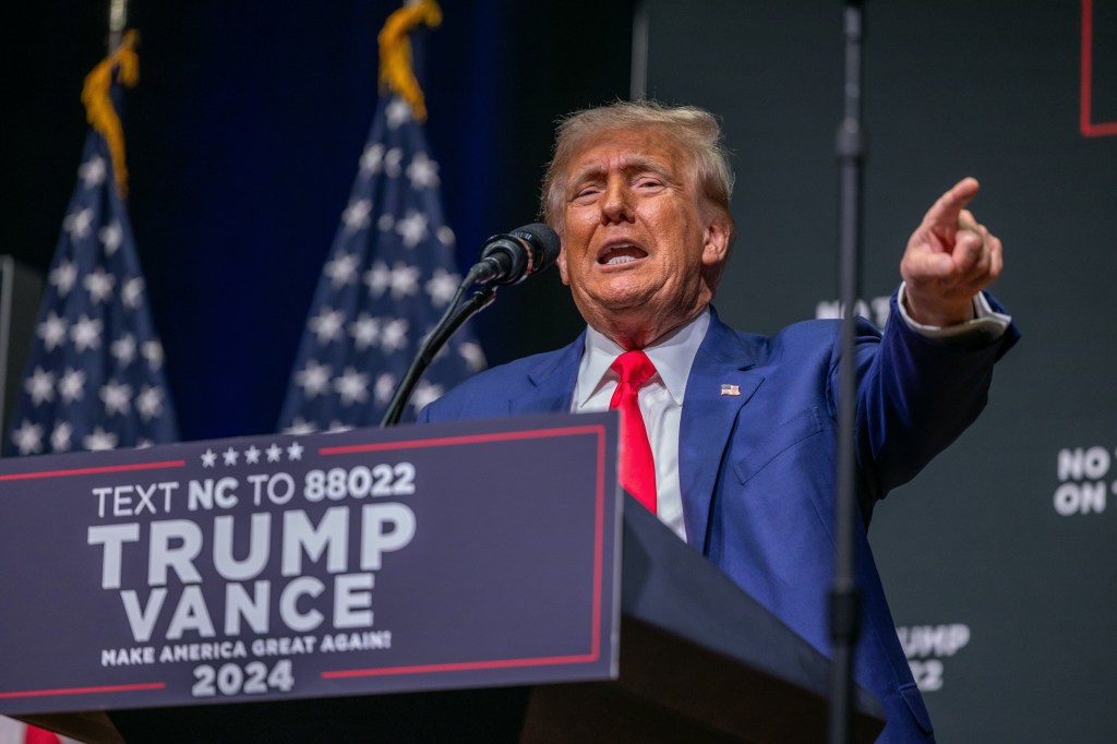 Republican presidential nominee former President Donald Trump speaks at a campaign event at Harrah's Cherokee Center.