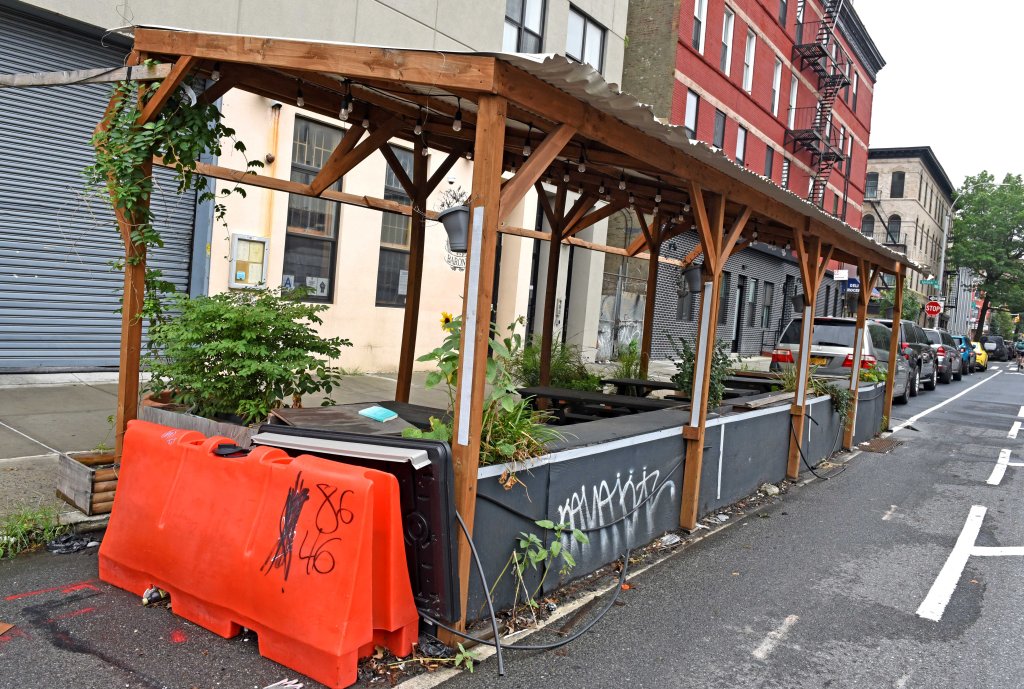 An abandoned dining shed for a place called Baron's on DeKalb Avenue near Spencer Court. 