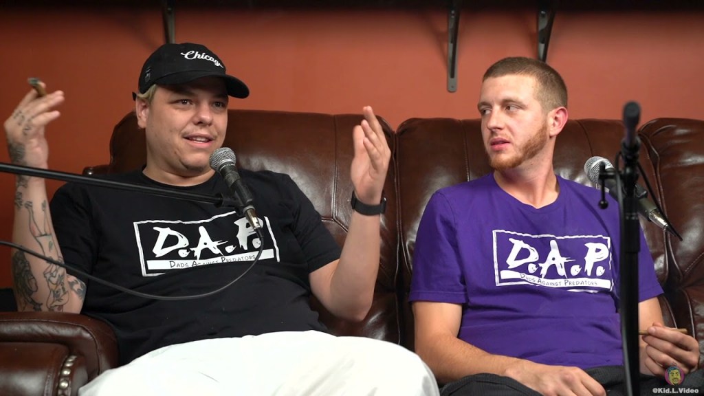 Joshua Mundy and Jay Carnicom, from D.A.P Dads Against Predators, sitting on a couch for Kid L Podcast #24