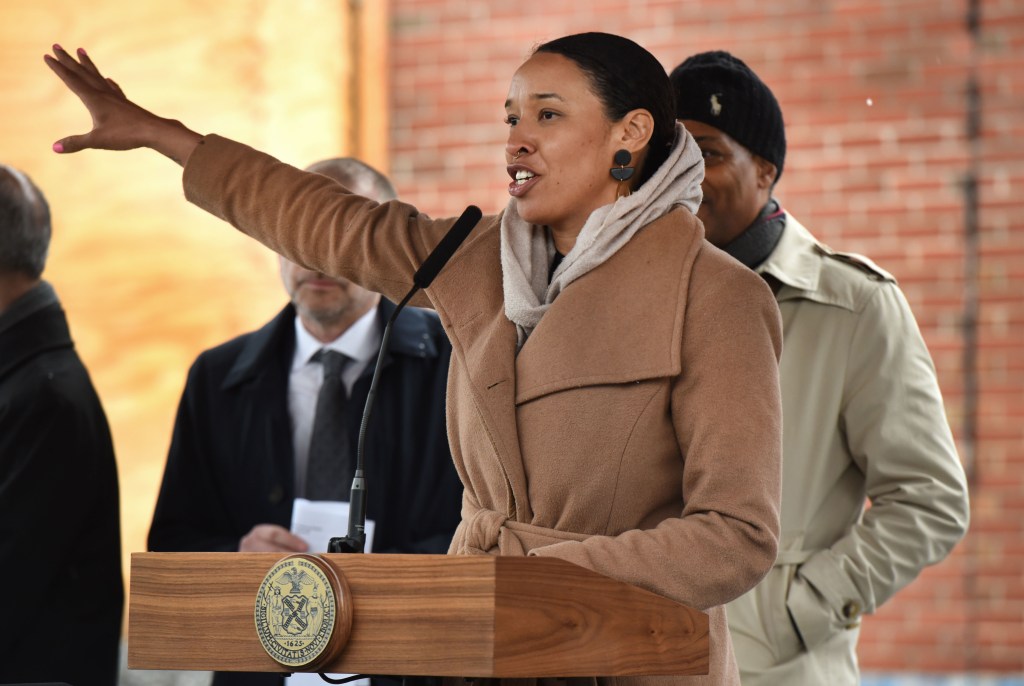 city councilwoman sandy nurse, in a tan coat speaking at a podium with her arm raised;