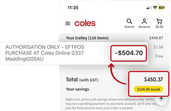 Perth shopper's Cole's online shopping cart screenshot