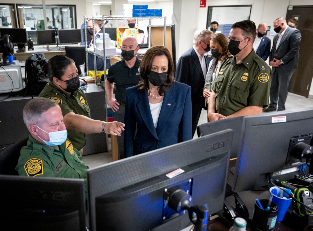 Homeland Security Secretary Alejandro Mayorkas, along with Harris, Senator Dick Durbin, and Representative Veronica Escobar, visit a U.S. Customs and Border Protection Central Processing Center (CPC) in El Paso, TX on June 25, 2021.