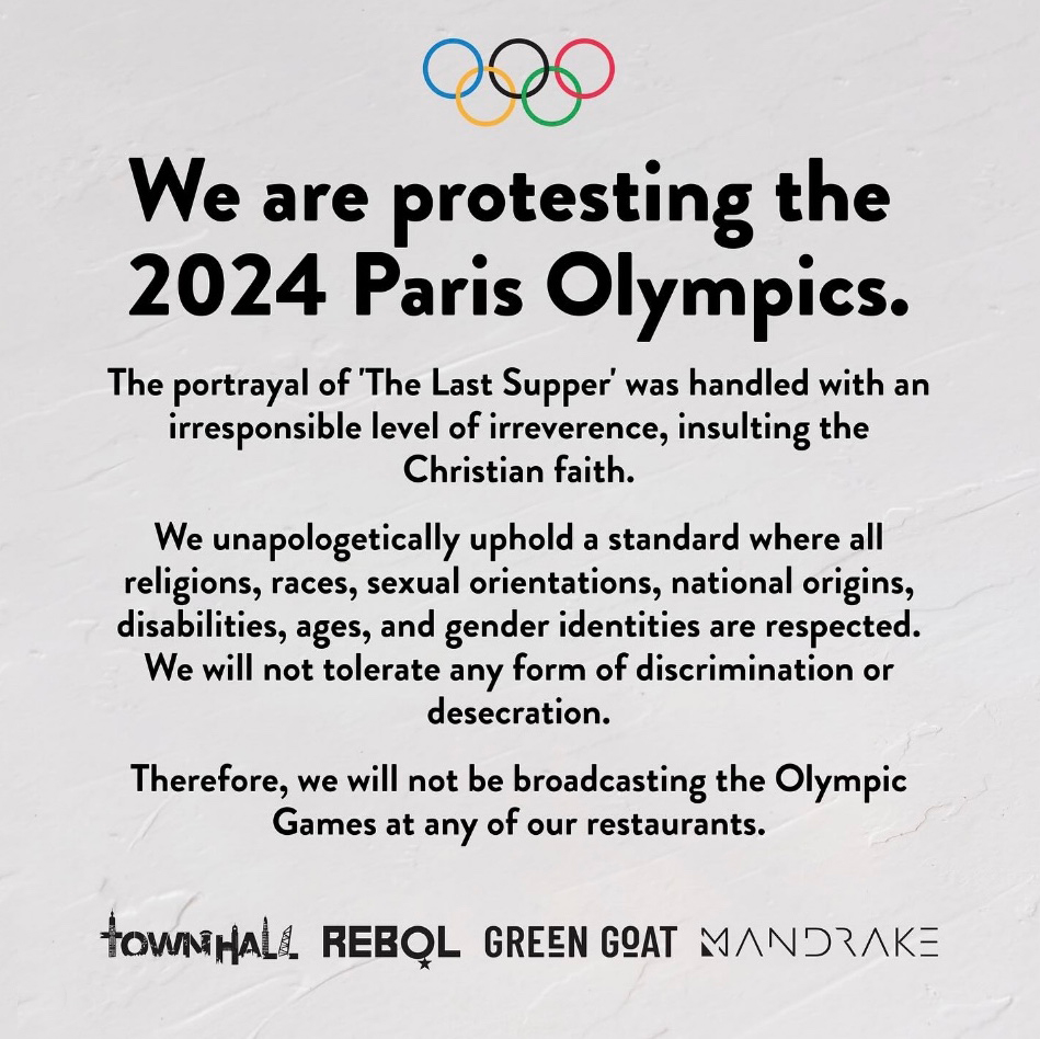 Sign posted by George's restaurants announcing boycott of Paris Olympics. 