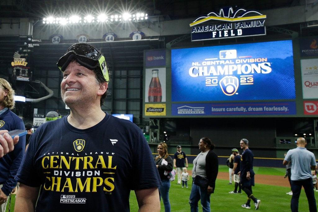 Milwaukee Brewers owner Mark Attanasio celebrates after winning the National League Division at American Family Field on September 26, 2023 in Milwaukee, Wisconsin.