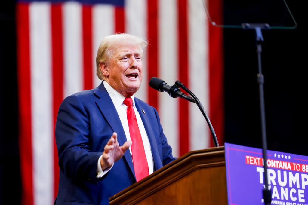 Trump gives a speech at a rally at the Brick Breeden Fieldhouse at Montana State University in Bozeman, Montana on Aug. 9, 2024. 