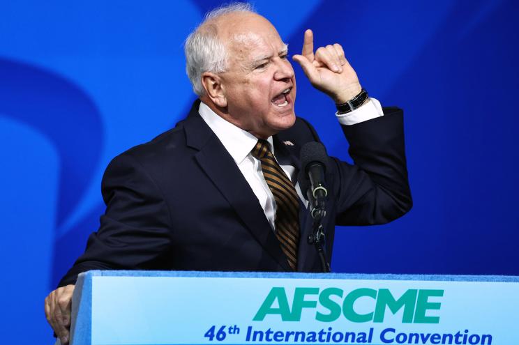 Democratic vice presidential candidate Minnesota Governor Tim Walz speaks at the 46th International Convention of the American Federation of State, County and Municipal Employees (AFSCME) at the Los Angeles Convention Center on August 13, 2024 in Los Angeles, California.