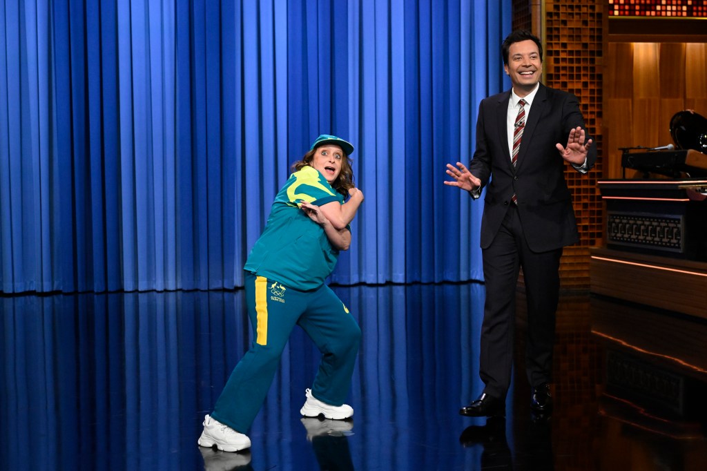 Actress Rachel Dratch as an Olympic Breakdancer during a monologue walk-on with host Jimmy Fallon on Monday, August 12, 2024