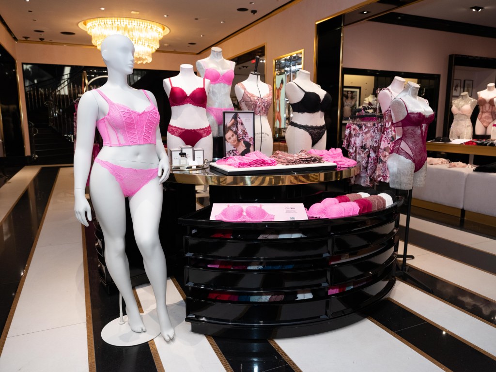 An interior shot of Victoria's Secret store in Manhattan. The photo includes shots of mannequins clad in lingerie.