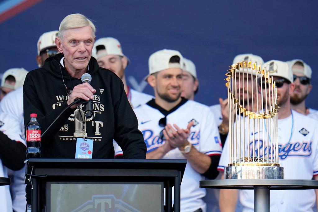 Texas Rangers owner Ray Davis speaks following a baseball World Series championship parade, Friday, Nov. 3, 2023, in Arlington, Texas. The Texas Rangers have frustrated LGBTQ+ advocates for years as the only Major League Baseball team without a Pride Night. The June celebration of LGBTQ+ culture and rights known as Pride Month will come and go again without the Rangers participating. 