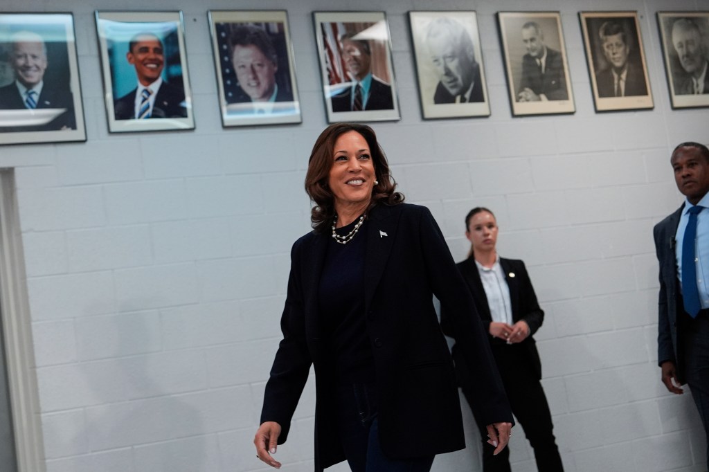 Democratic presidential nominee Vice President Kamala Harris arrives to speak at a campaign rally at UAW Local 900, Thursday, Aug. 8, 2024, in Wayne, Michigan