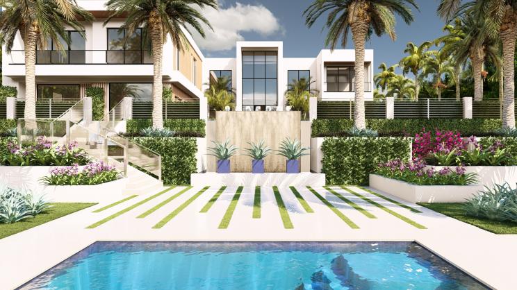 Rendering of a future luxury home in Manalapan with a pool and palm trees, property of real estate investor Joe Farrell