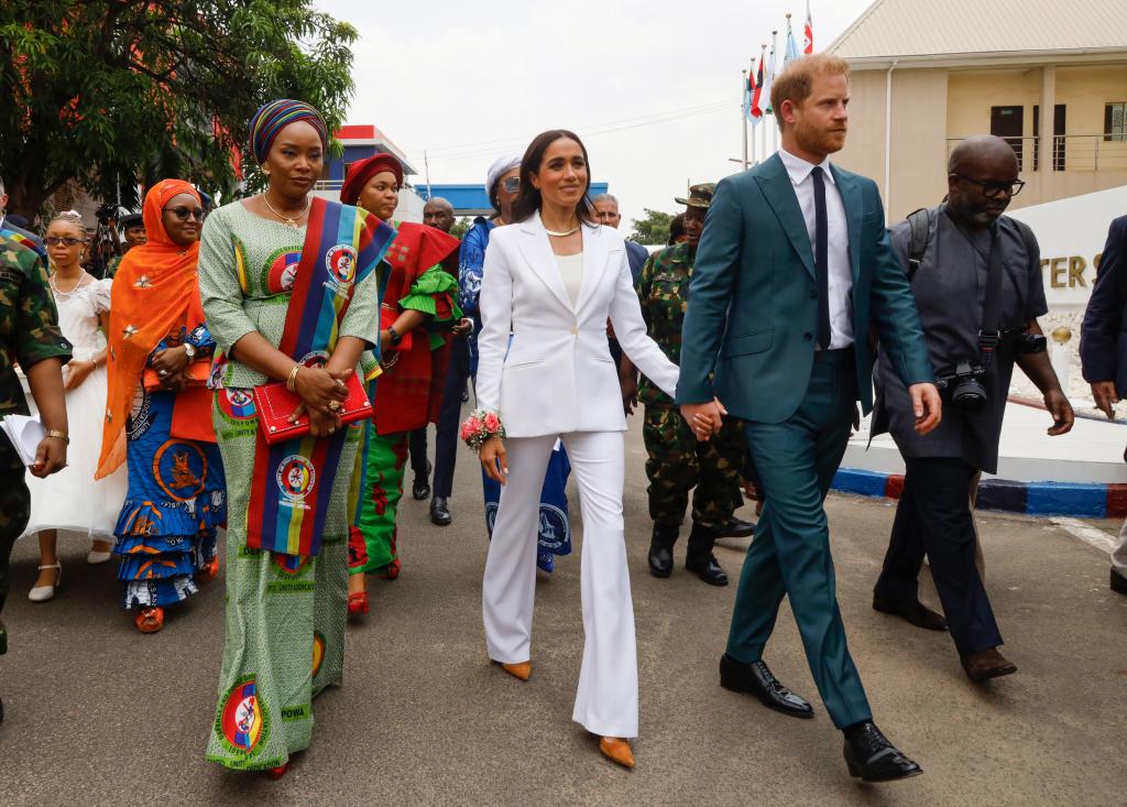 Prince Harry, Duke of Sussex and Meghan, Duchess of Sussex meet with the Chief of Defence Staff of Nigeria at the Defence Headquarters in Abuja on May 10, 2024 in Abuja, Nigeria. 