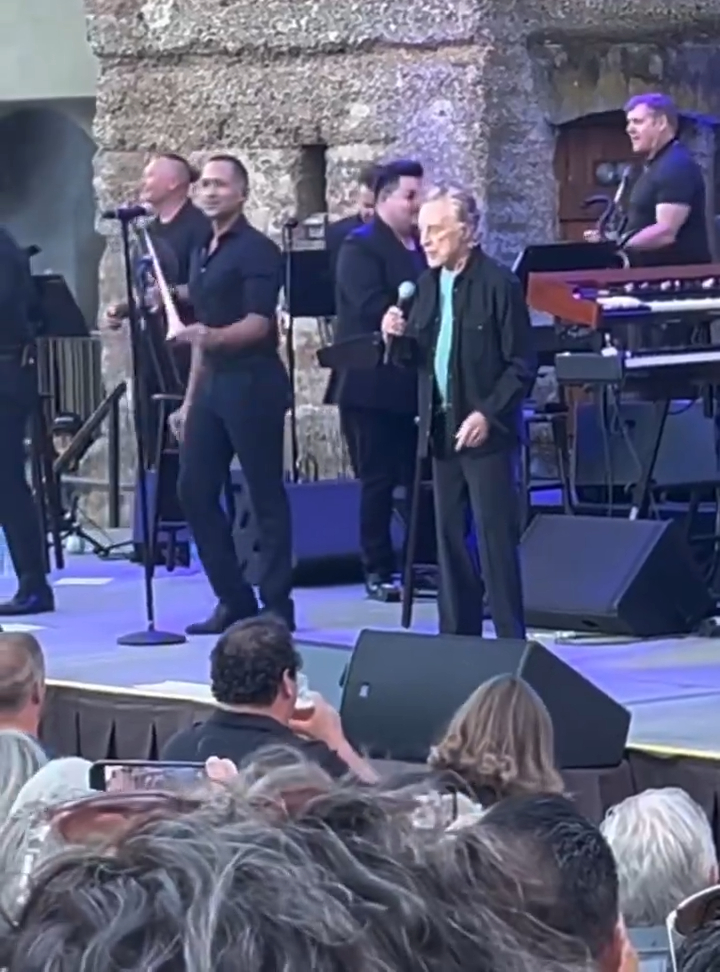 Frankie Vallie looks frail as he struggles to lip sync to "Grease" on Aug 3 at The Mountain Winery in San Jose.