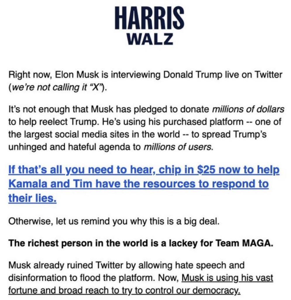 The campaign accused the Tesla and SpaceX CEO of being a “lackey for Team MAGA.” 