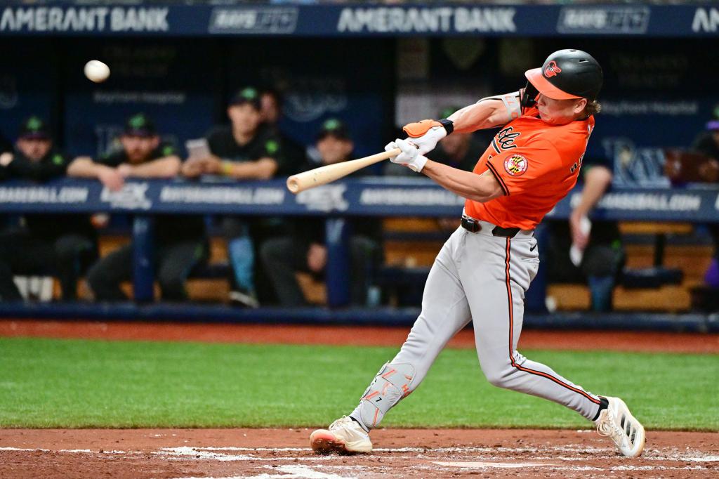 Jackson Holliday #7 of the Baltimore Orioles hits a home run in the second inning against the Tampa Bay Rays at Tropicana Field on August 10, 2024 in St Petersburg, Florida. 