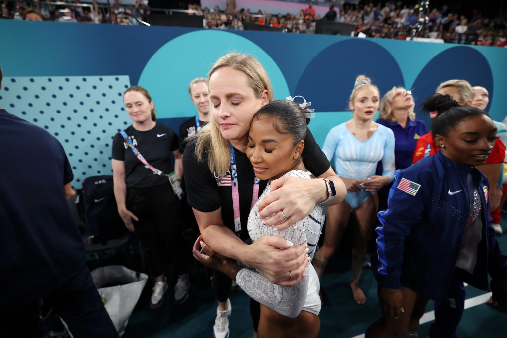 ordan Chiles of Team USA reacts after the apparatus floor final on April 5.