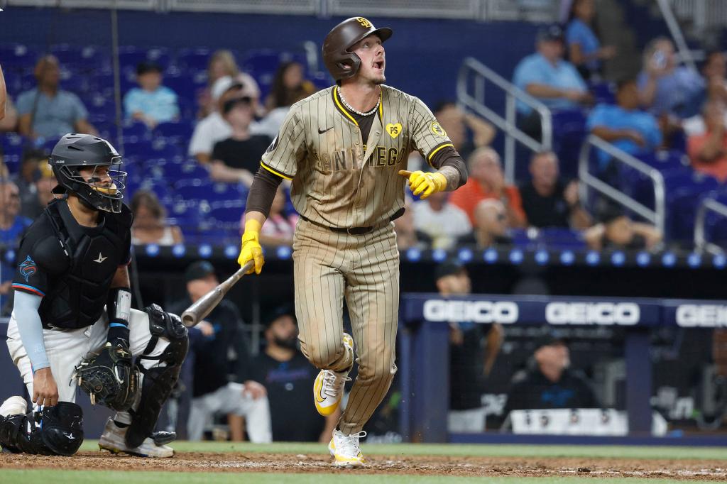 Aug 9, 2024; Miami, Florida, USA; San Diego Padres center fielder Jackson Merrill (3) watches his home run against the Miami Marlins in the ninth inning at loanDepot Park. Mandatory Credit: Rhona Wise-USA TODAY Sports MLB: San Diego Padres at Miami Marlins