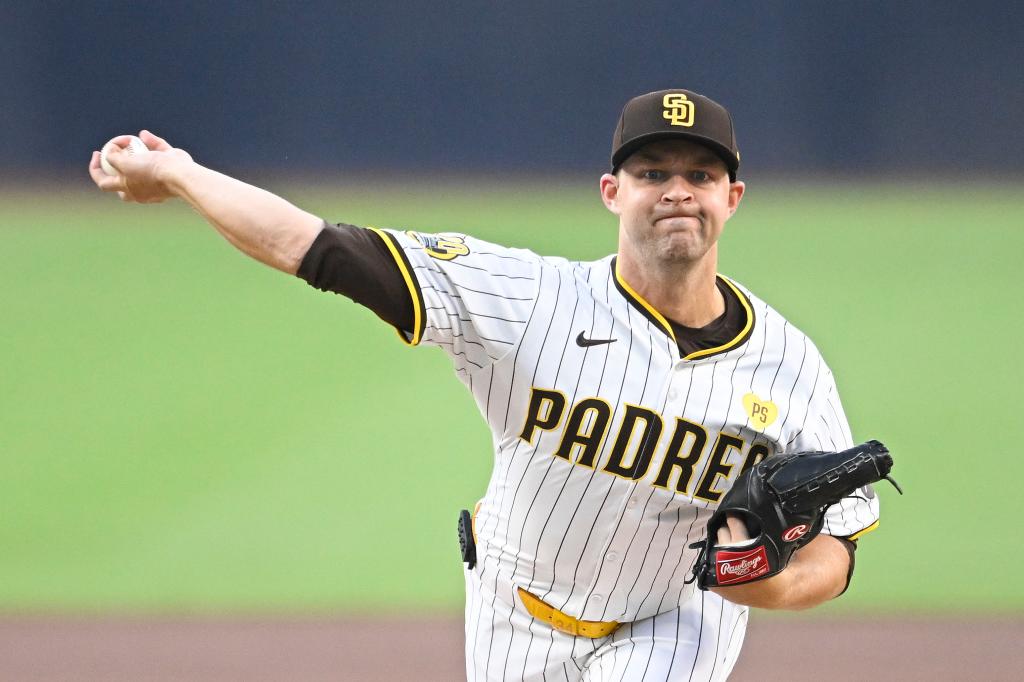 Michael King, number 34 of the San Diego Padres, pitching in the first inning against the Pittsburgh Pirates at Petco Park on August 13, 2024.