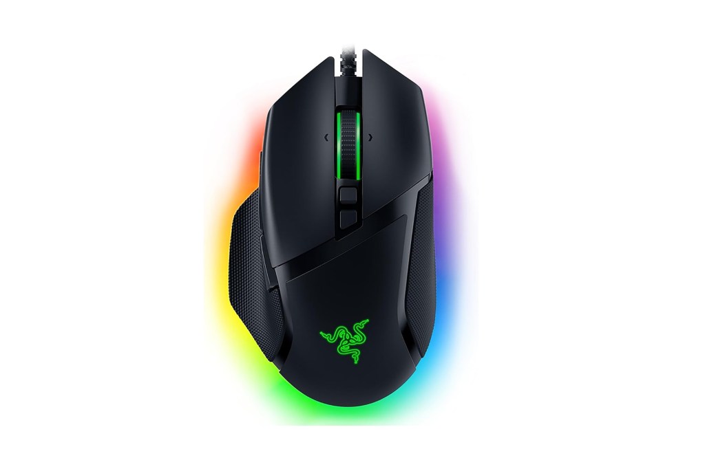 A black computer mouse with a rainbow colored light