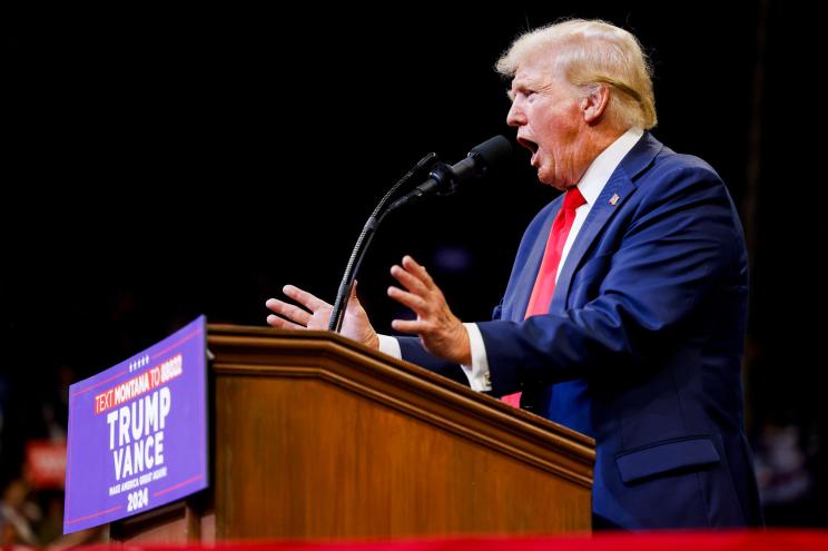 Former President Donald Trump speaking at a campaign rally in Bozeman, Montana on Aug. 9, 2024.