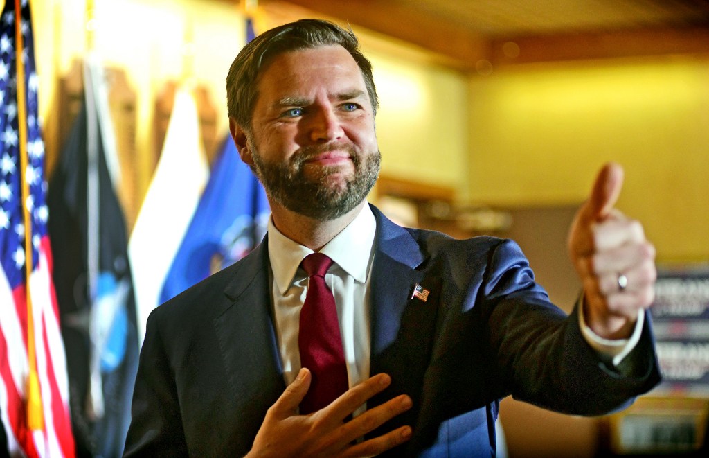 Republican Party vice presidential nominee U.S. Sen. JD Vance, R-Ohio, gives a thumbs-up to the crowd after a campaign rally at VFW Post 92 in New Kensington, Westmoreland County, Pa., Thursday, Aug. 15, 2024. 