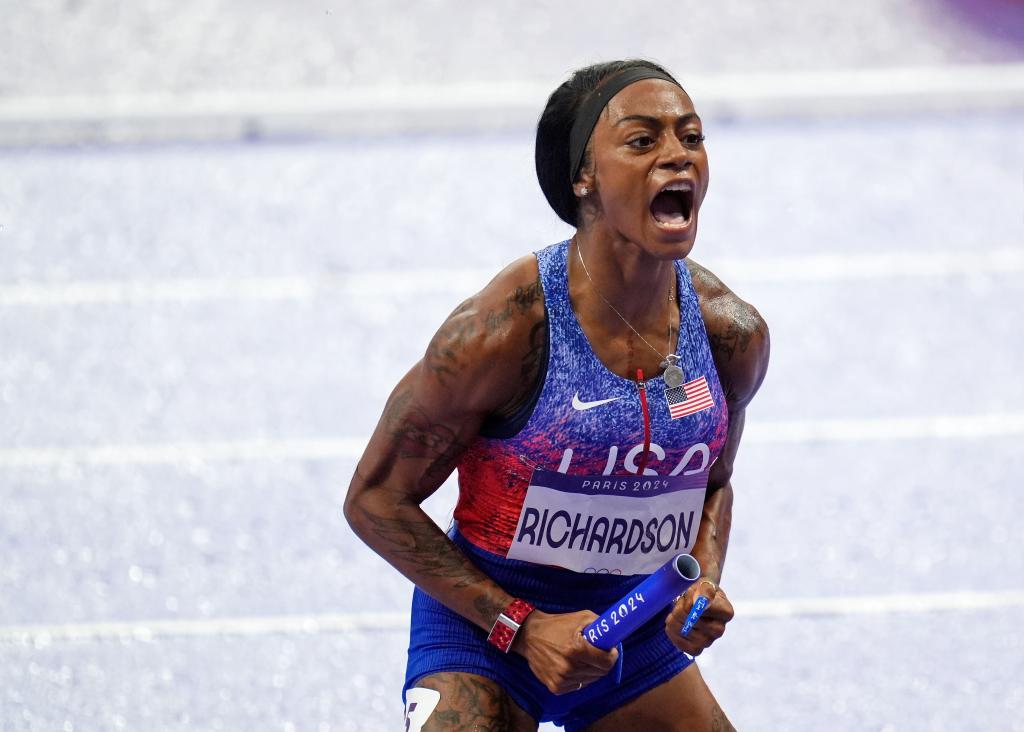  Sha'carri Richardson (USA) celebrates after winning the womenâs 4x100m relay during the Paris 2024 Olympic Summer Games at Stade de France. 